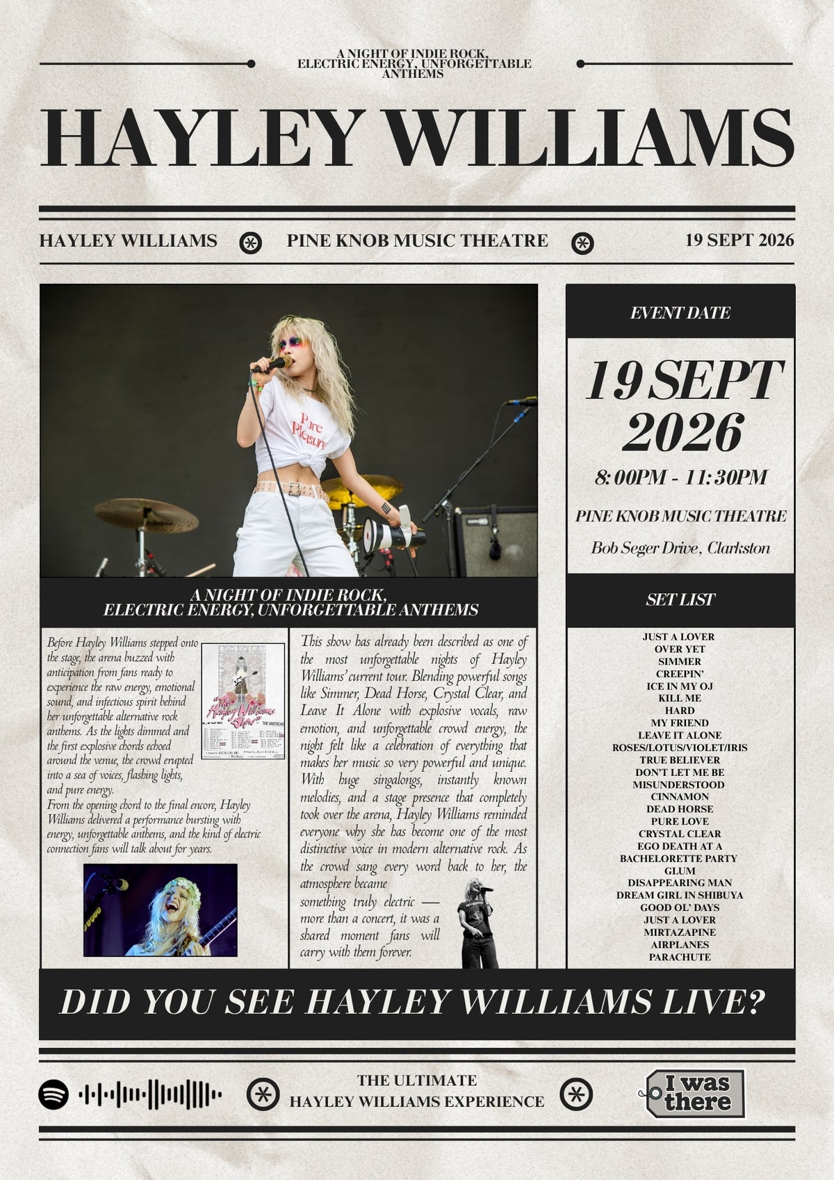 Hayley Williams - Personalised Newspaper Style Concert Poster (USA Tour)