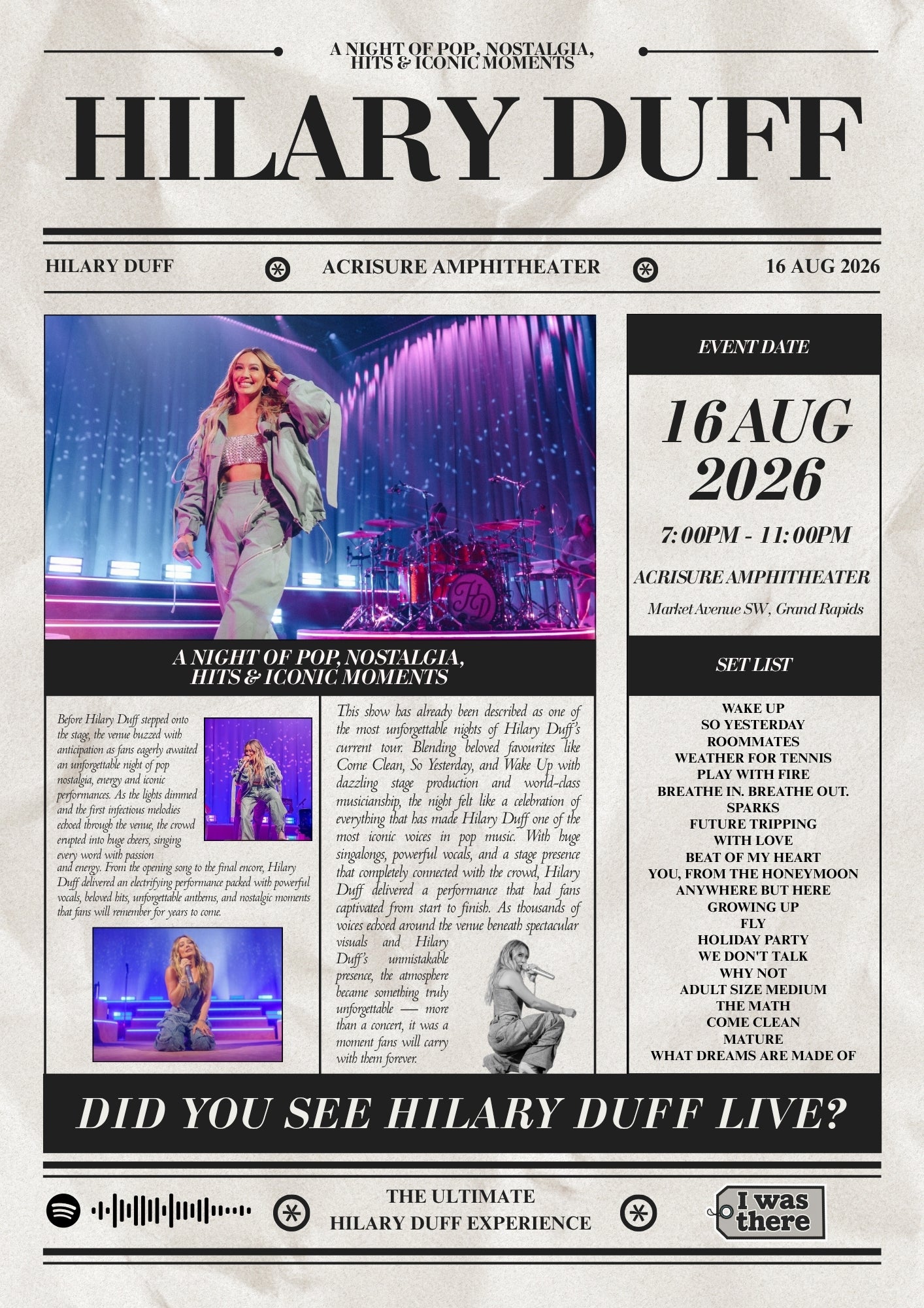 Hilary Duff - Personalised Newspaper Style Concert Poster (USA Tour)