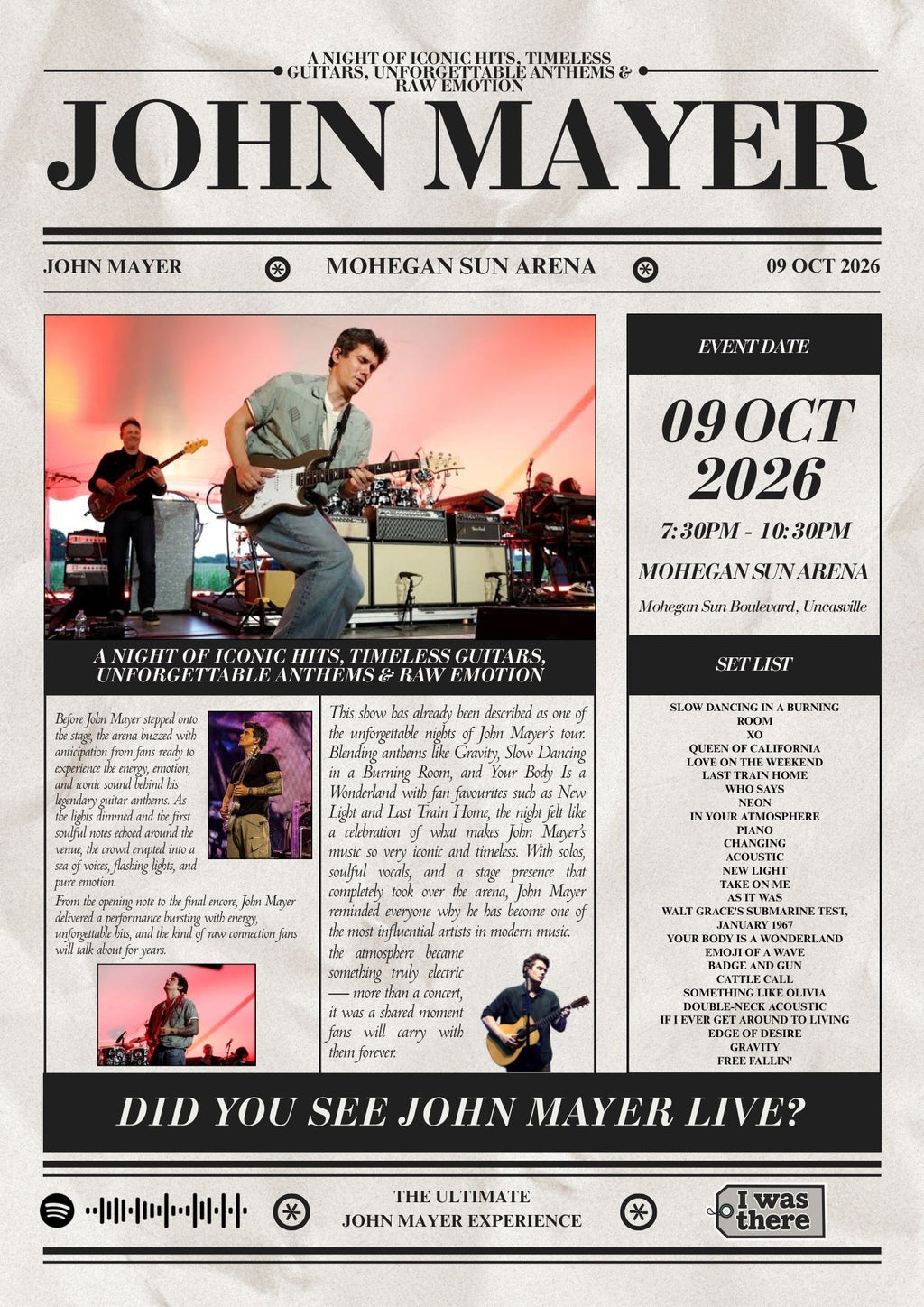 John Mayer - Personalised Newspaper Style Concert Poster (USA Tour)