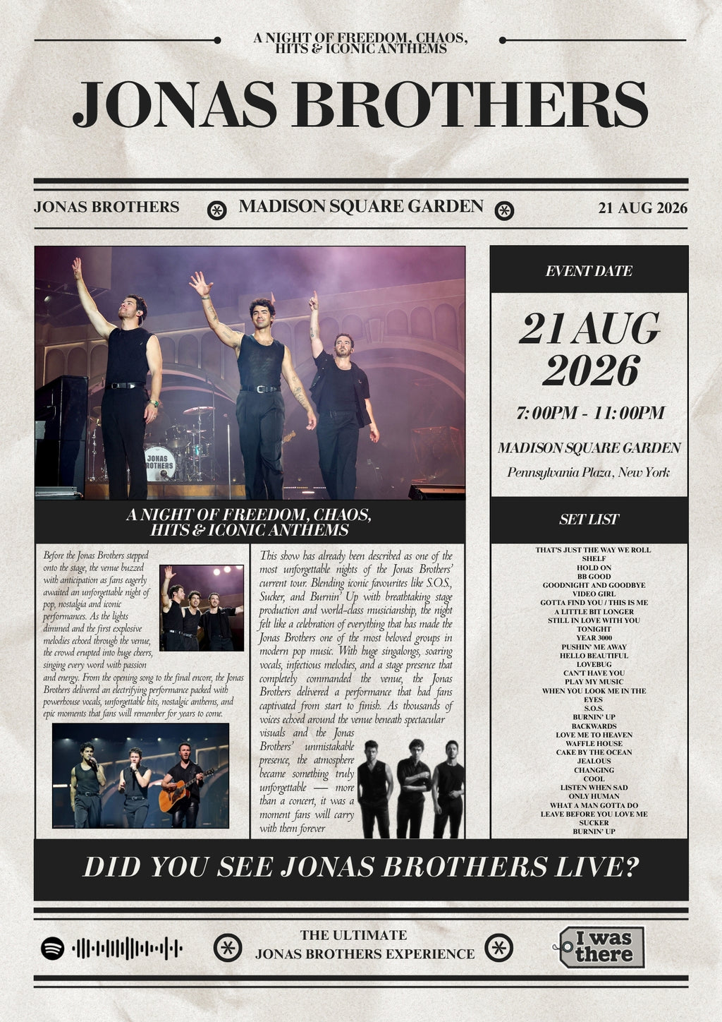 Jonas Brothers - Personalised Newspaper Style Concert Poster (USA Tour)