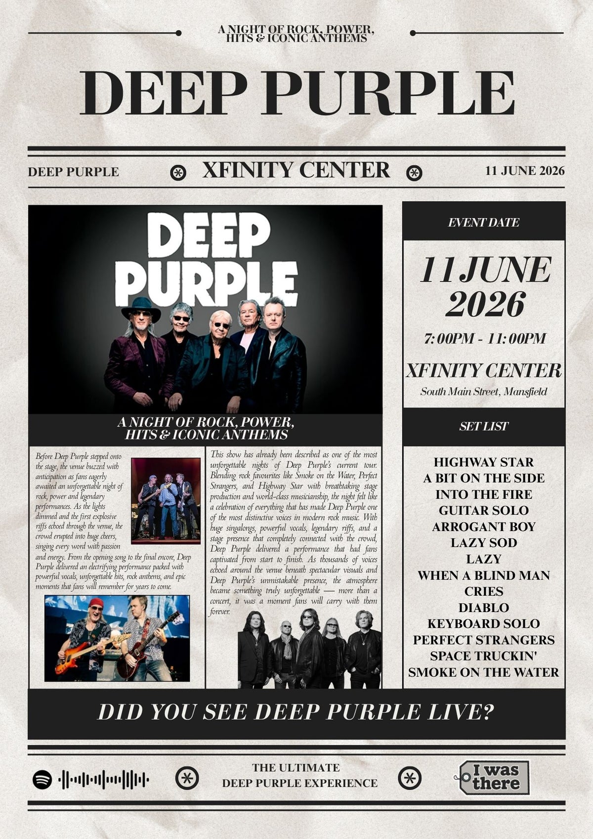 Deep Purple - Personalised Newspaper Style Concert Poster (USA Tour)