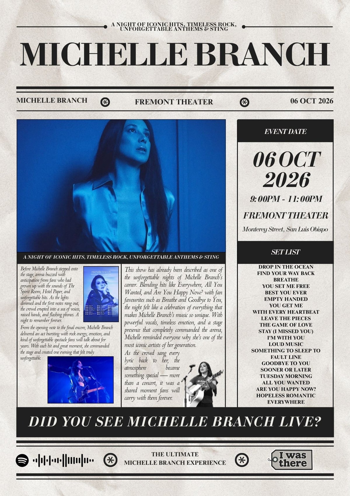 Michelle Branch - Personalised Newspaper Style Concert Poster (USA Tour)
