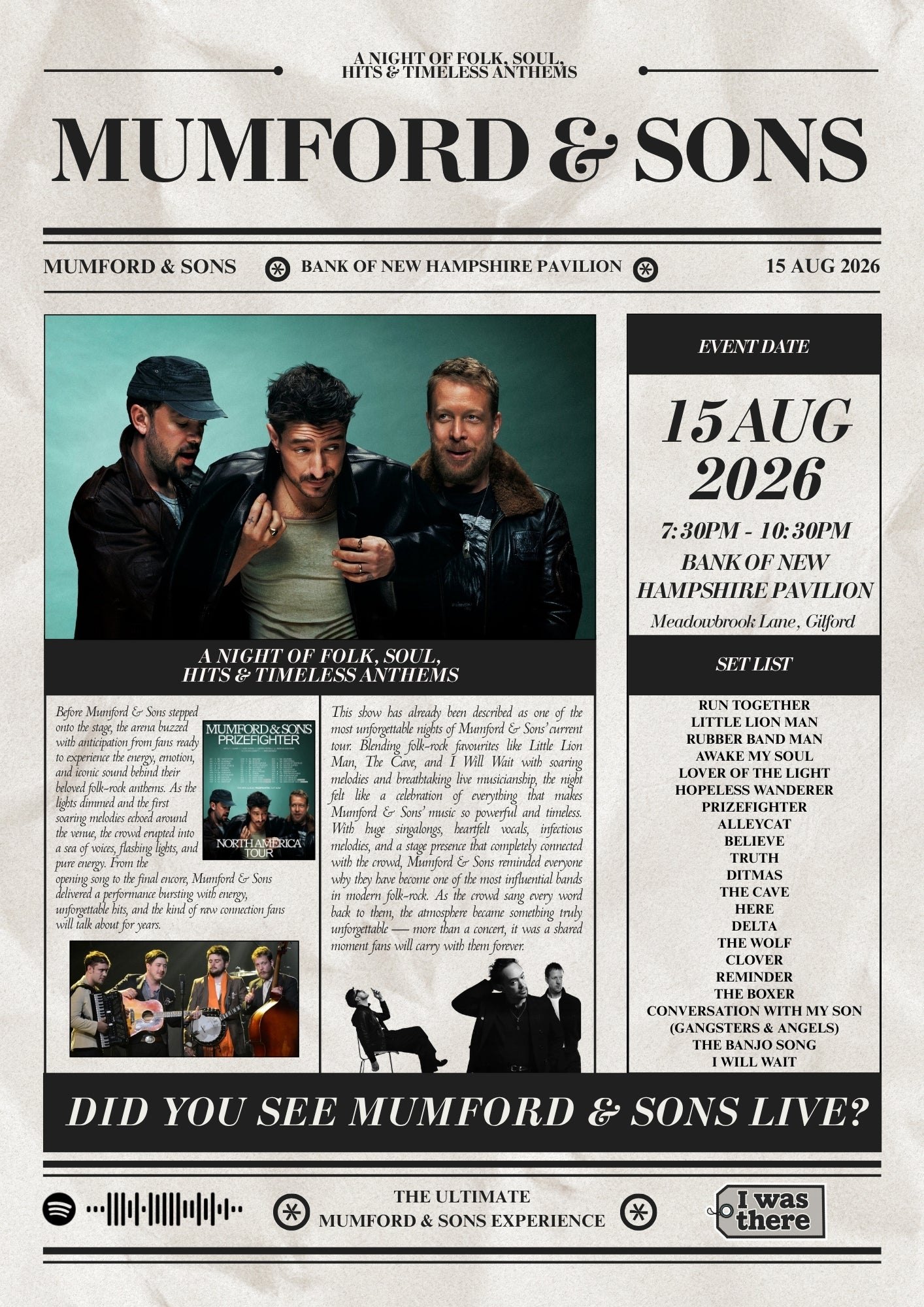 Mumford & Sons - Personalised Newspaper Style Concert Poster (USA Tour)