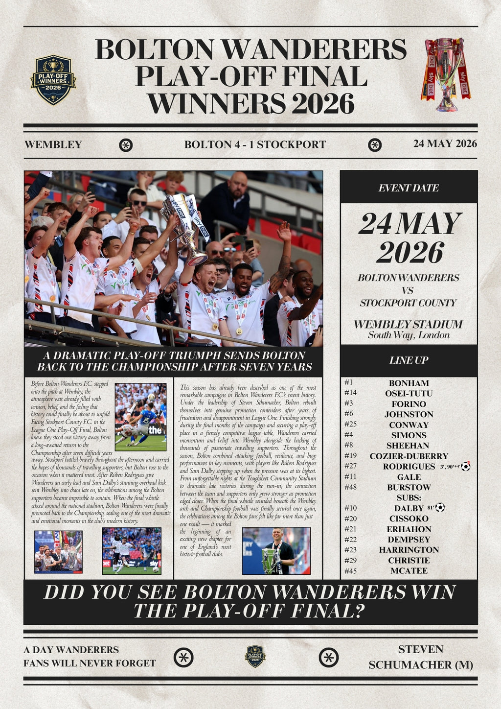 Bolton Wanderers Play Off Winners 2026 - Newspaper Poster