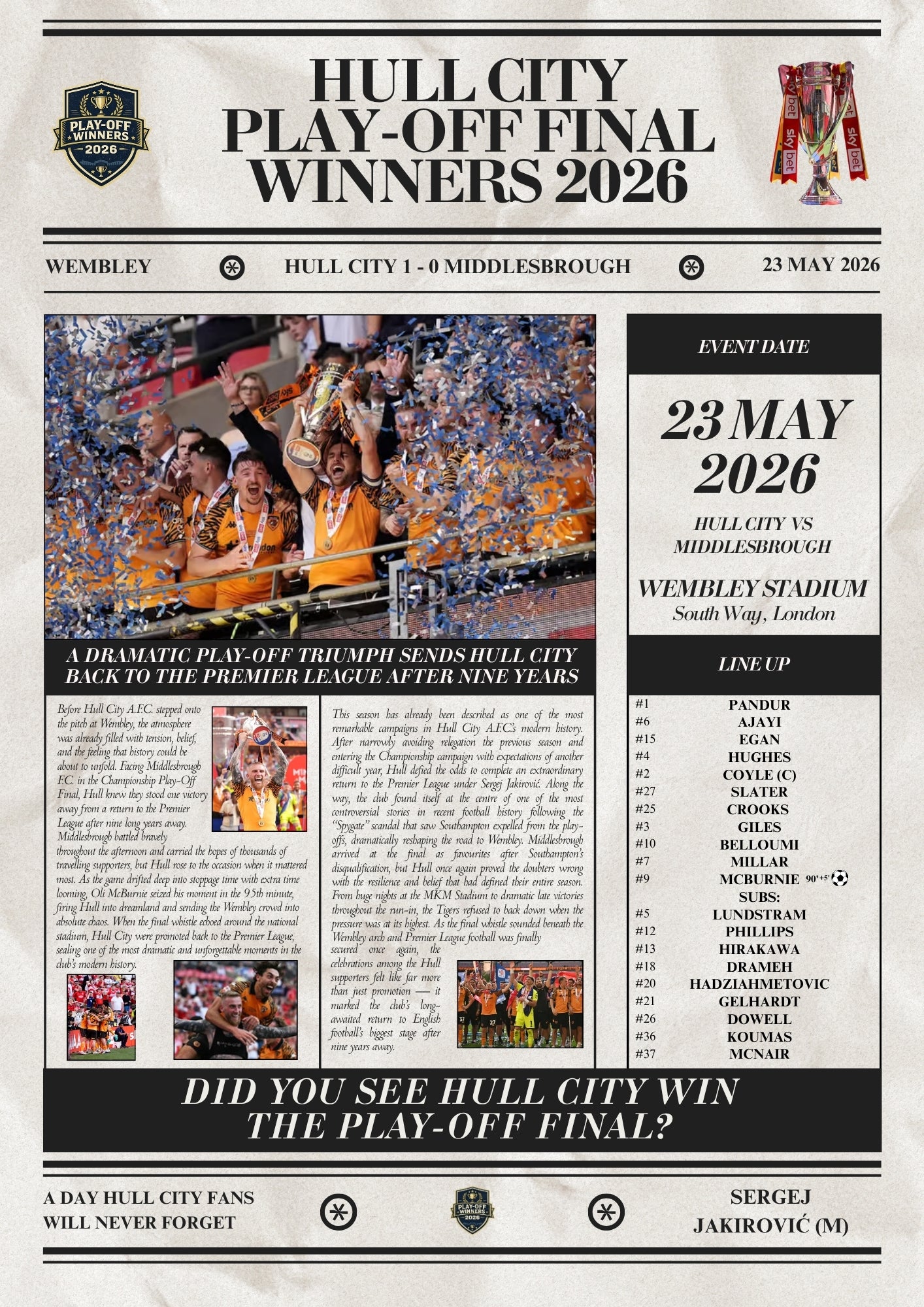 Hull City Play Off Winners 2026 - Newspaper Style Poster