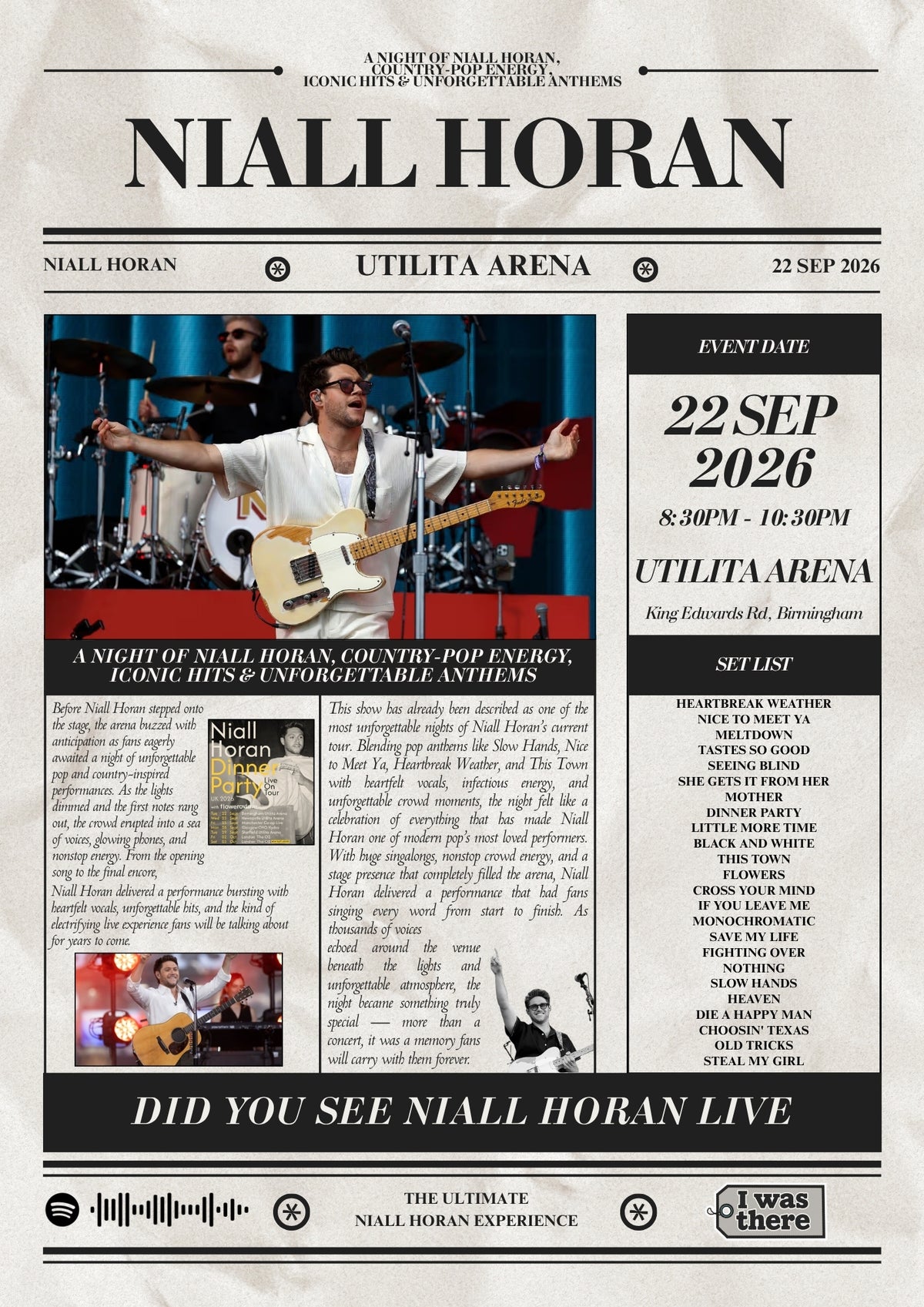 Niall Horon - Personalised Newspaper Style Concert Poster