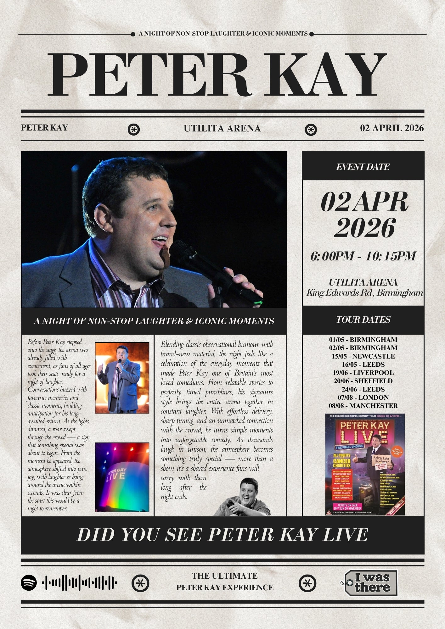 Peter Kay - Personalised 'I Was There' Newspaper Style Stand-Up Poster