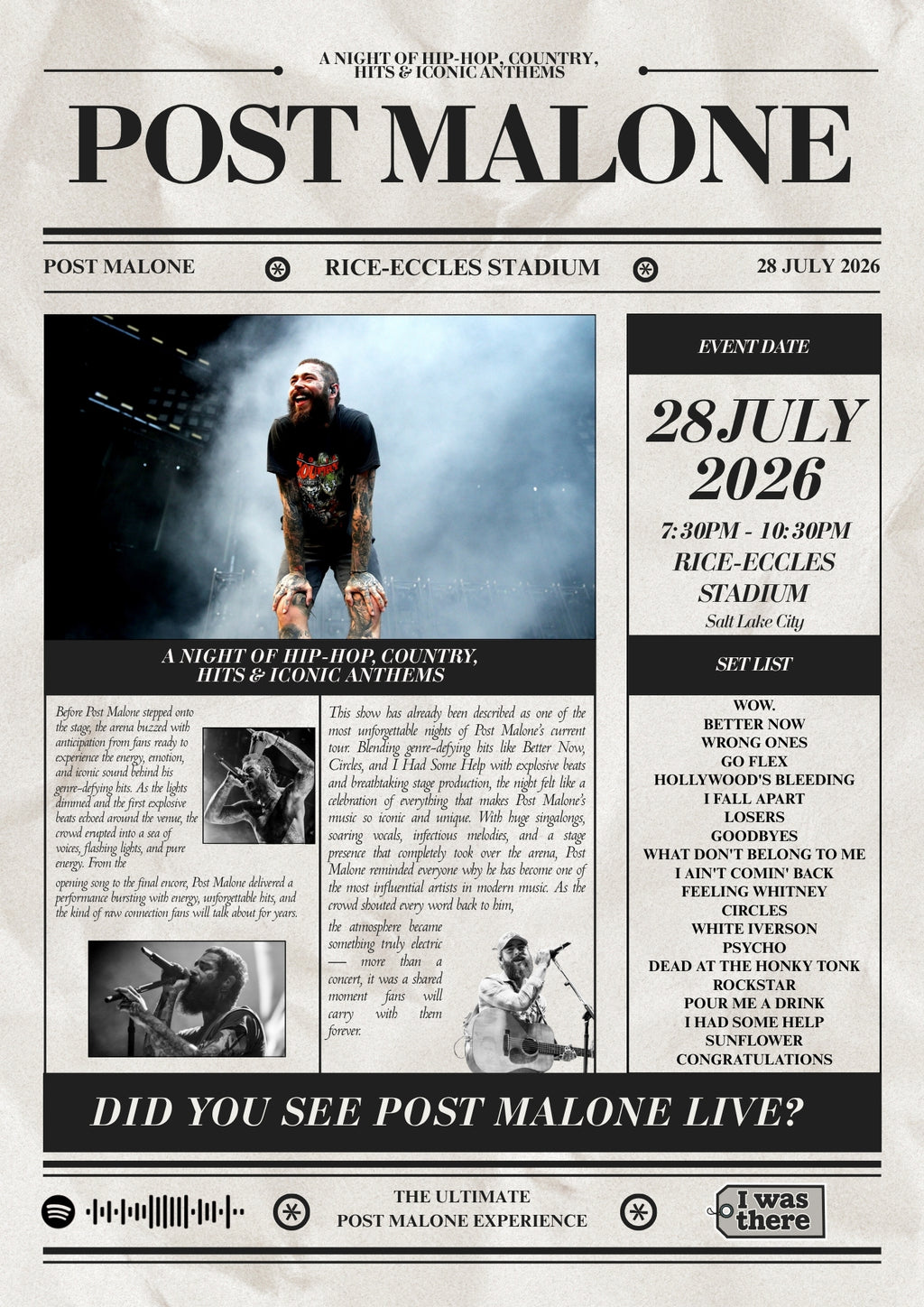 Post Malone - Personalised Newspaper Style Concert Poster (USA Tour)