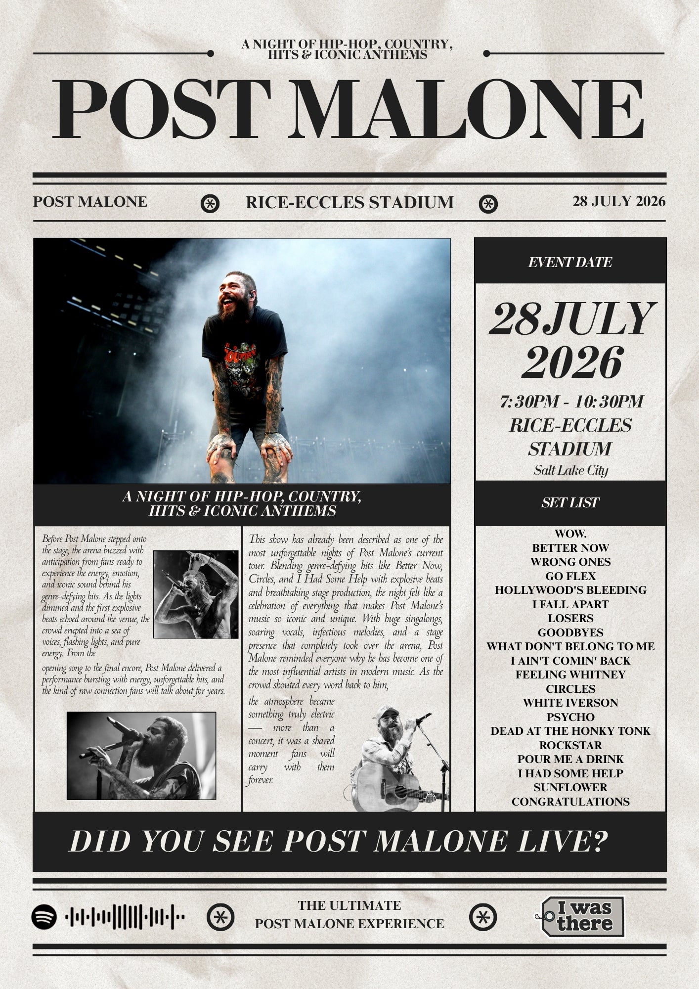 Post Malone - Personalised Newspaper Style Concert Poster (USA Tour)