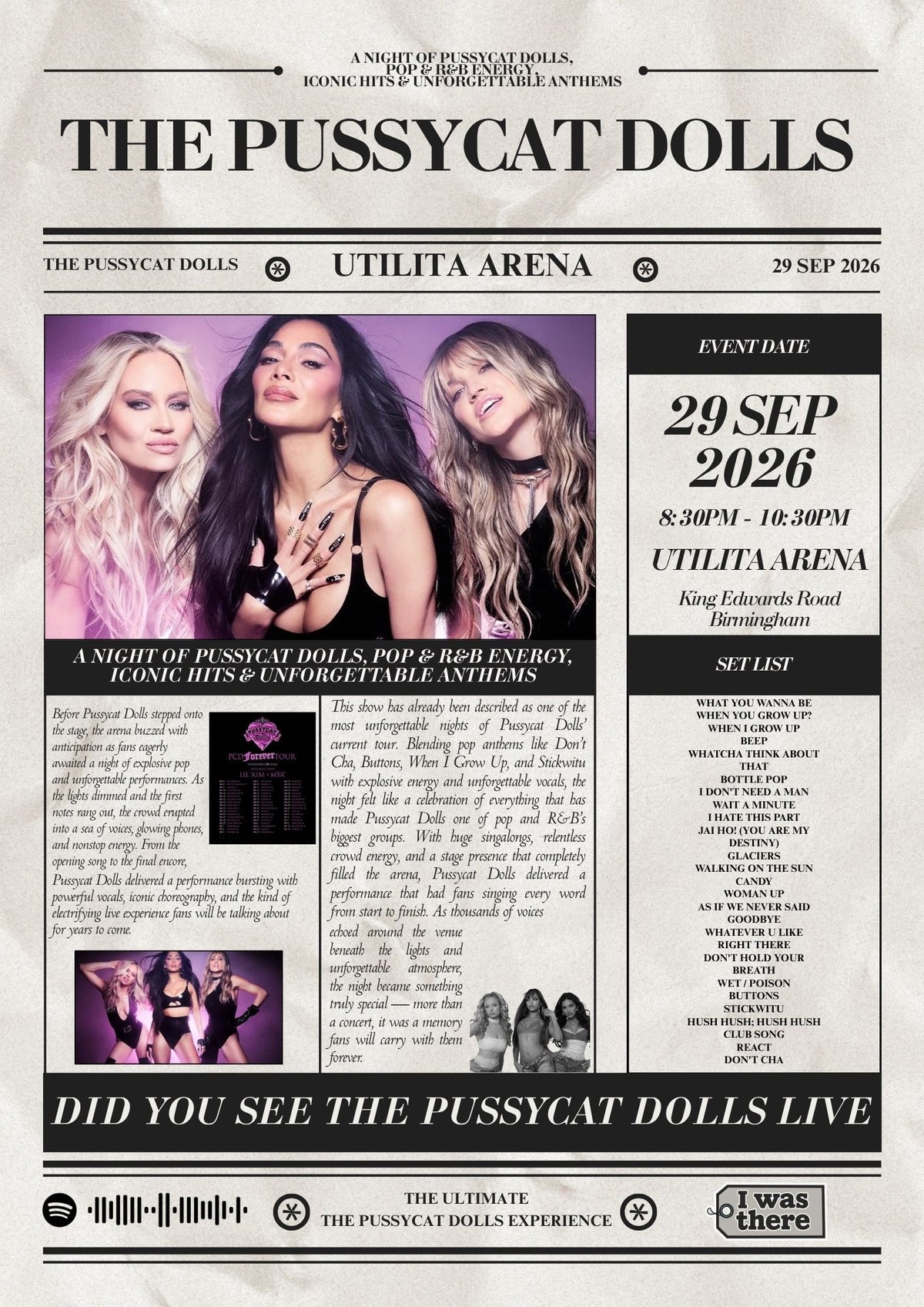Pussycat Dolls - Personalised Newspaper Style Concert Poster