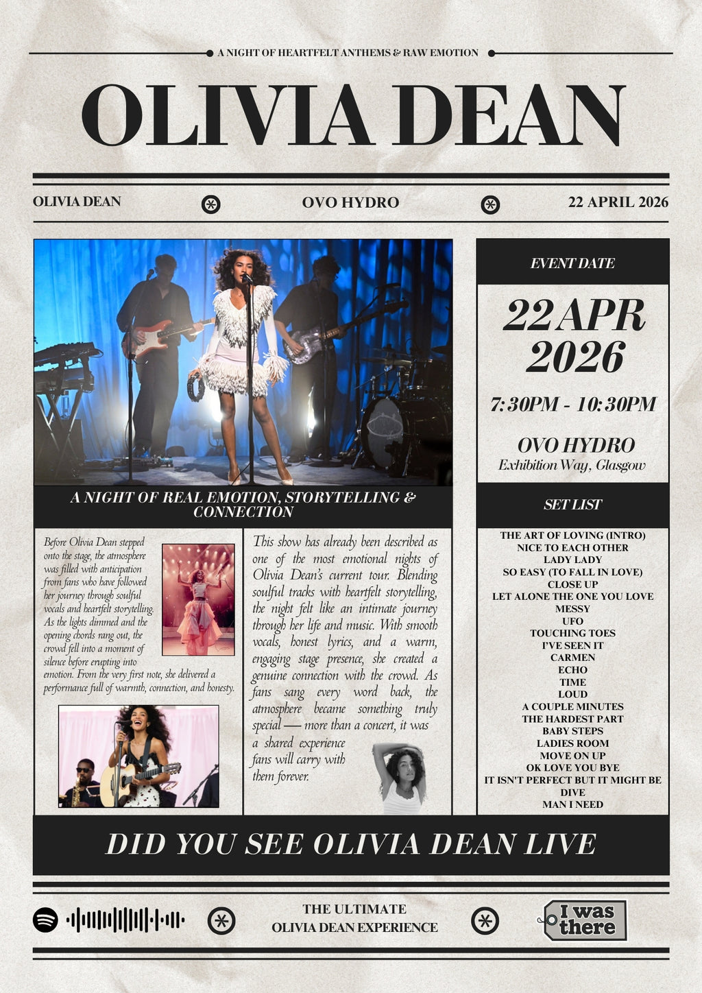 Olivia Dean - Personalised Newspaper Style Concert Poster