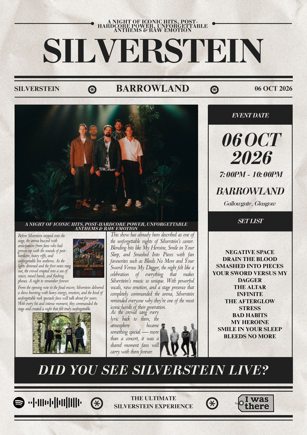 Silverstein - Personalised Newspaper Style Concert Poster (USA Tour)