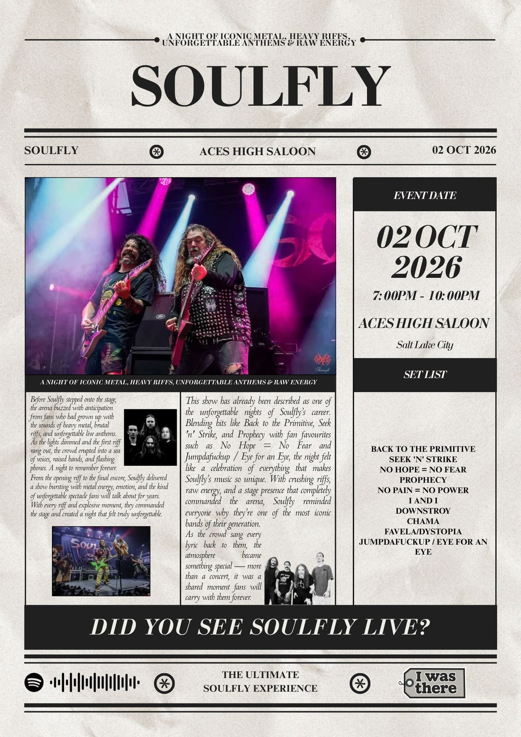 Soulfly - Personalised Newspaper Style Concert Poster (USA Tour)