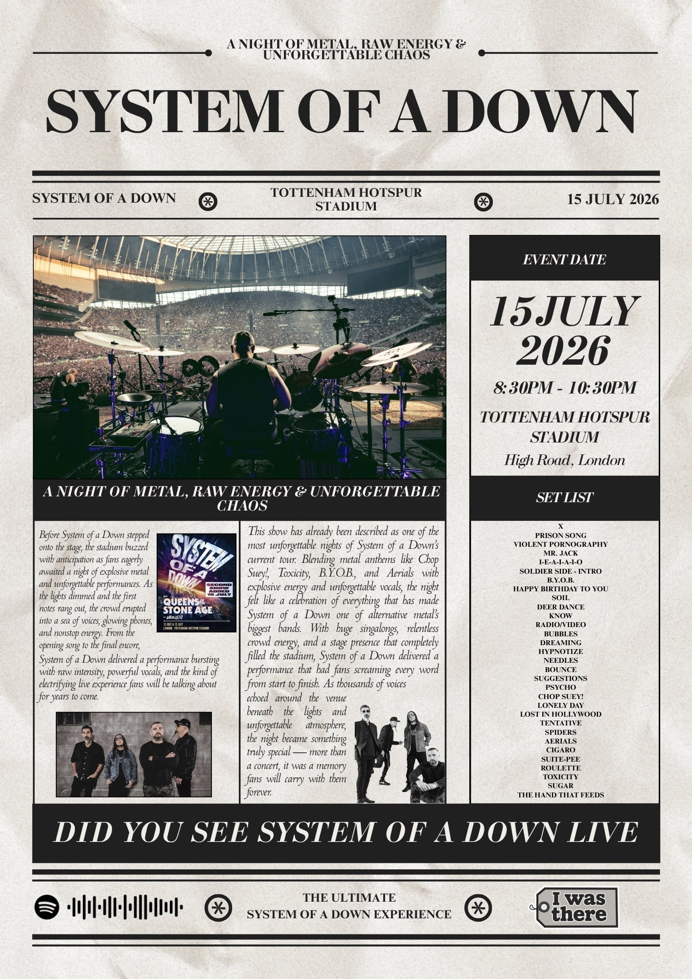 System of a Down - Personalised Newspaper Style Concert Poster