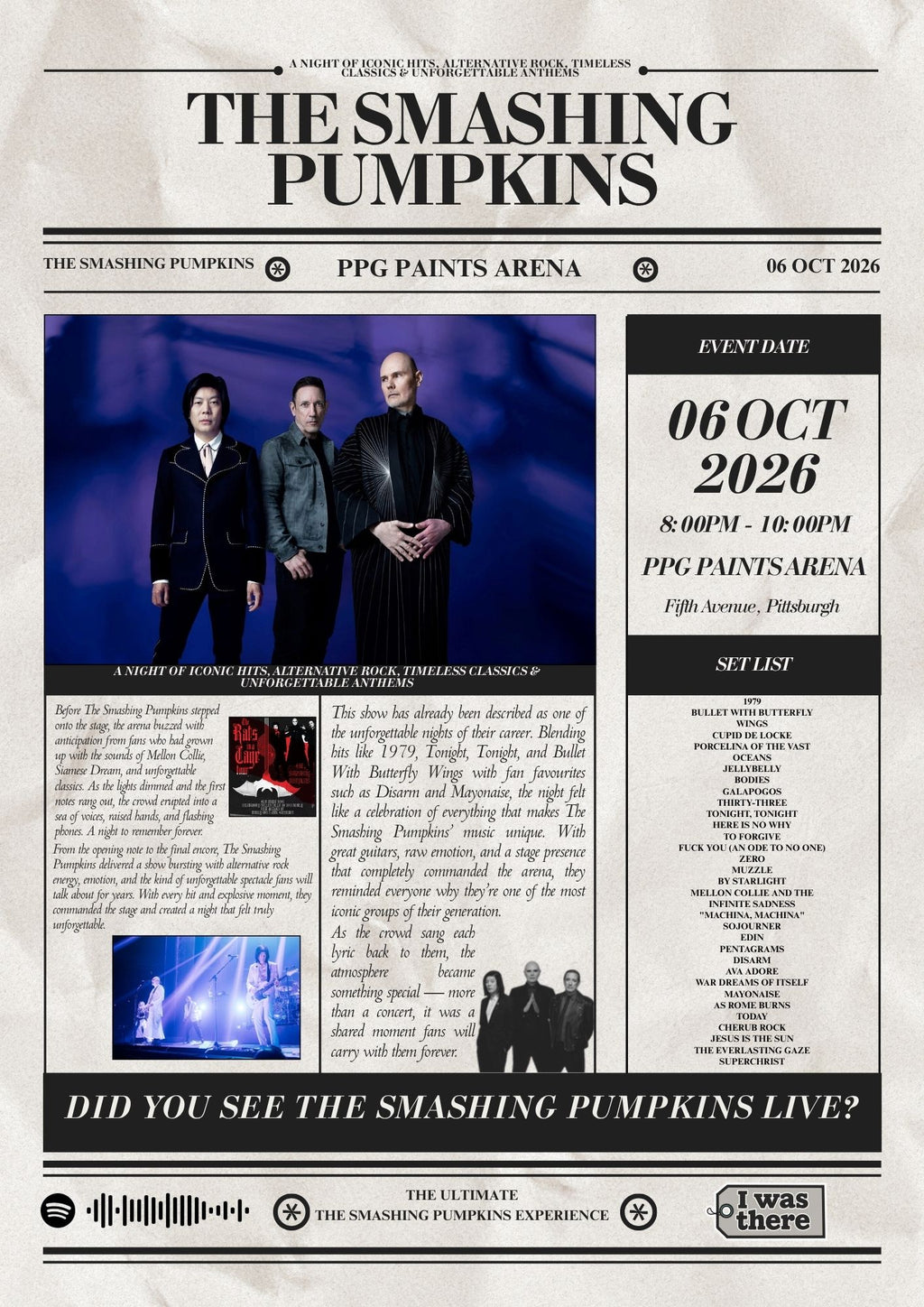 Smashing Pumpkins - Personalised Newspaper Style Concert Poster (USA Tour)