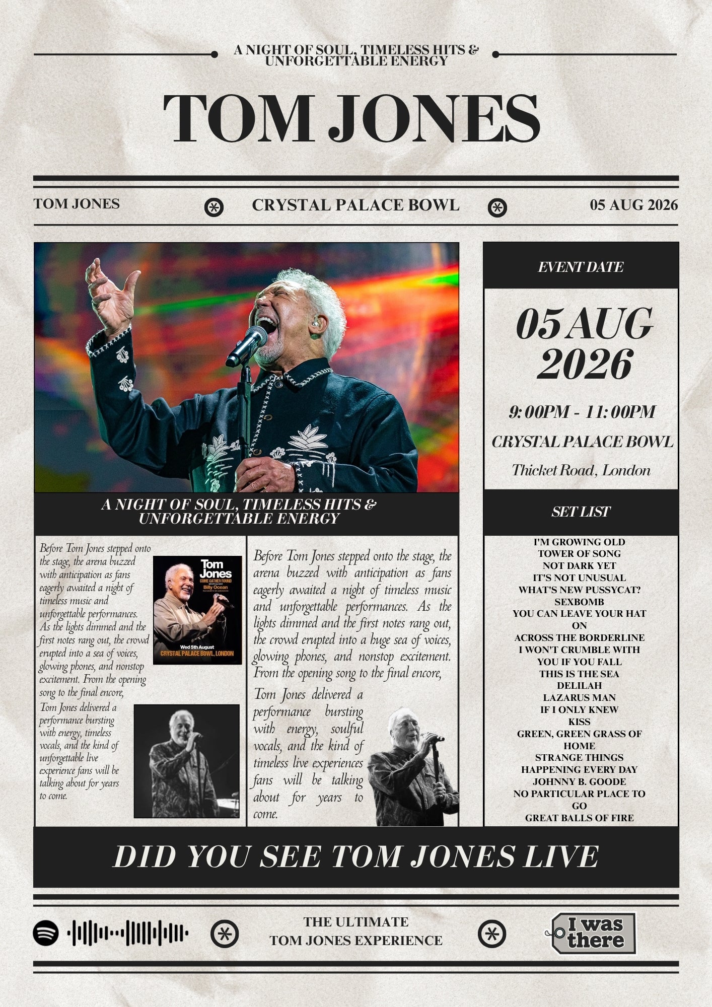 Tom Jones - Personalised Newspaper Style Concert Poster
