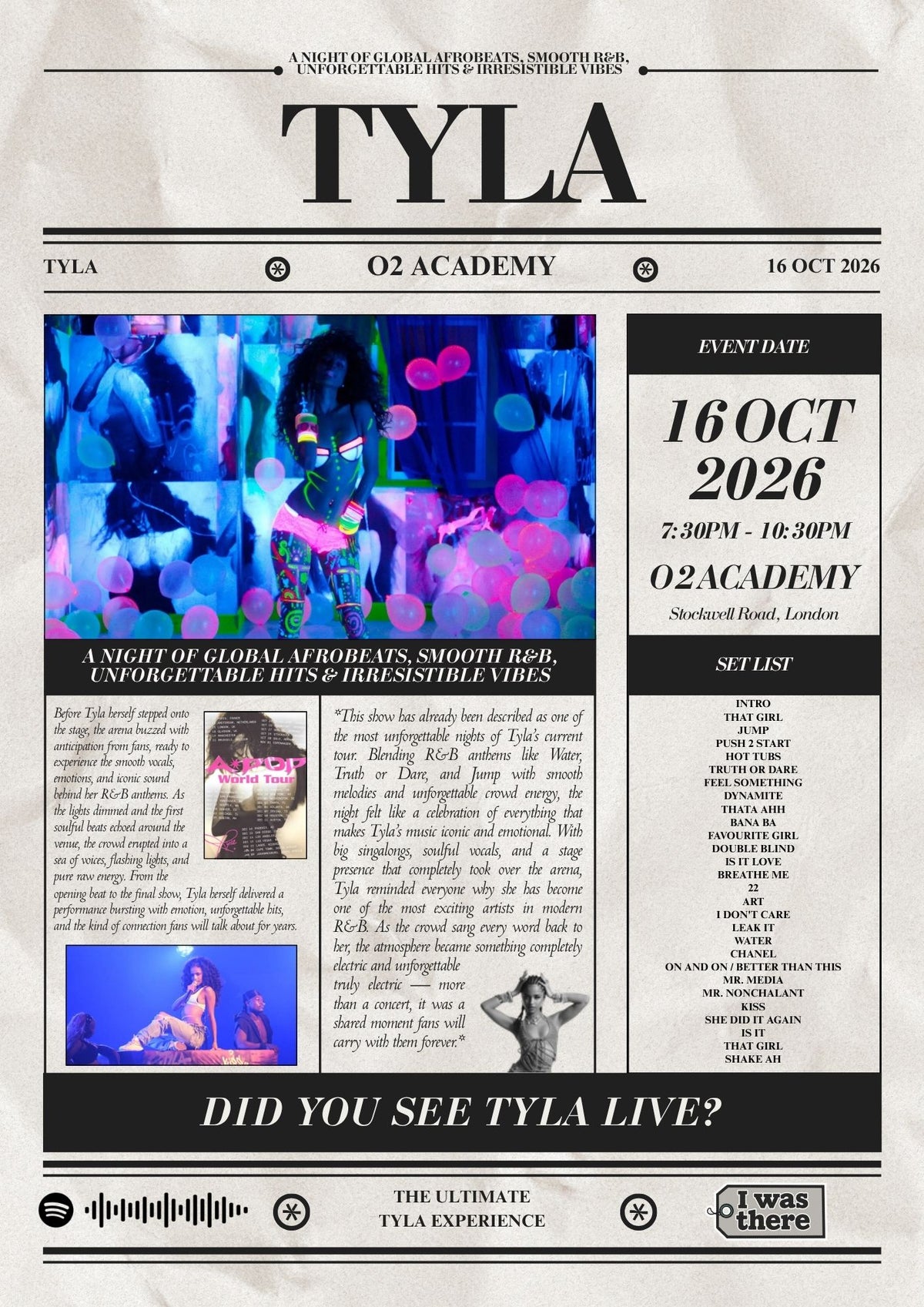 Tyla - Personalised Newspaper Style Concert Poster (USA Tour)