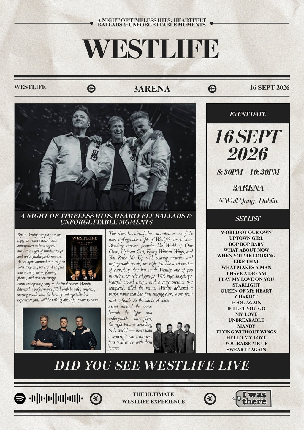 Westlife - Personalised Newspaper Style Concert Poster