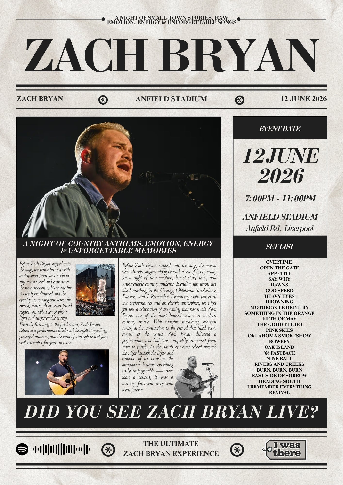 Zach Bryan - Personalised Newspaper Style Concert Poster